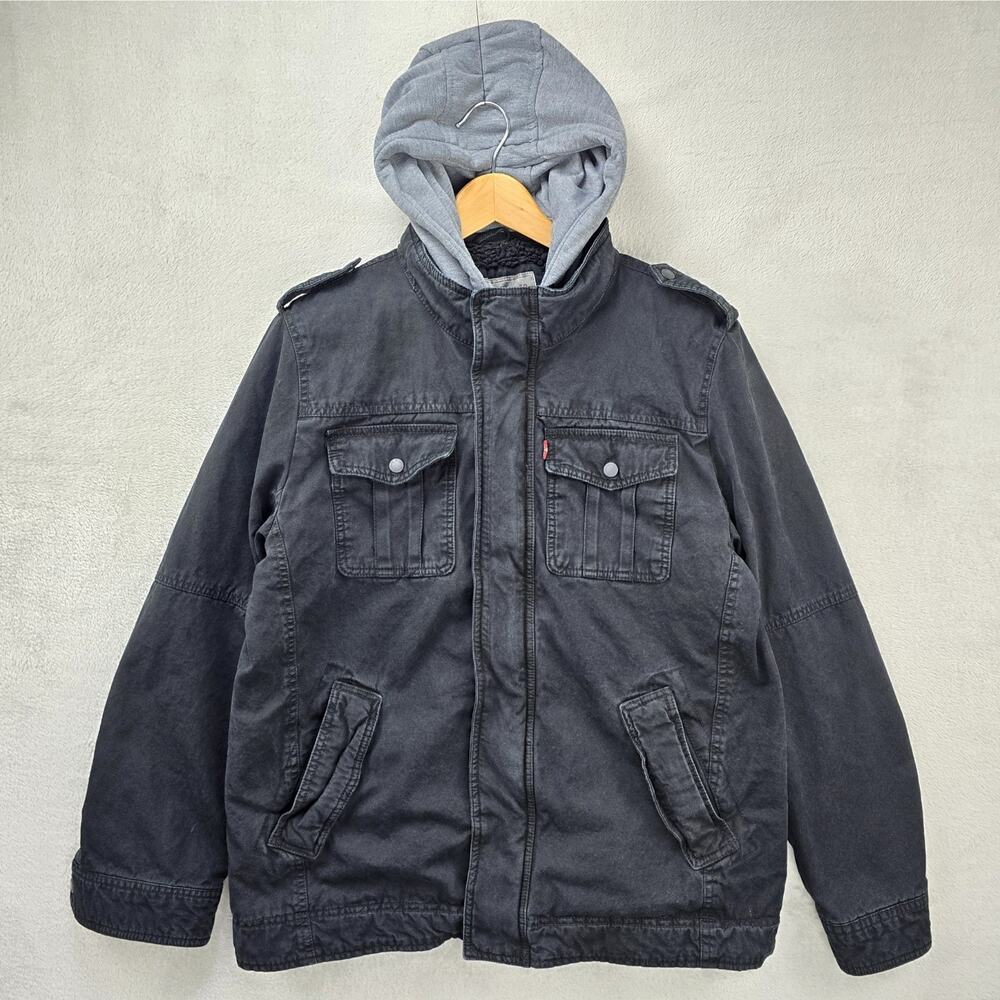 Levis Strauss Jacket Mens Large Black Hooded Sherpa Lined Utility Cargo Pockets